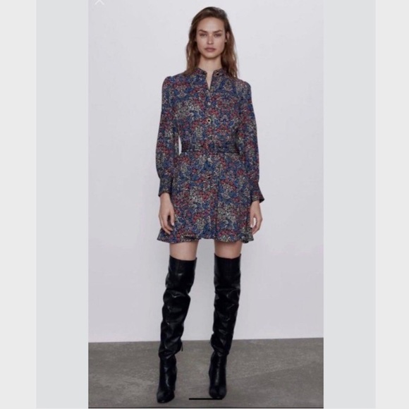 ZARA BLUE FLORAL PRINT LONG-SLEEVE BUTTON-DOWN BELTED MINI DRESS WITH POCKETS - Picture 4 of 16
